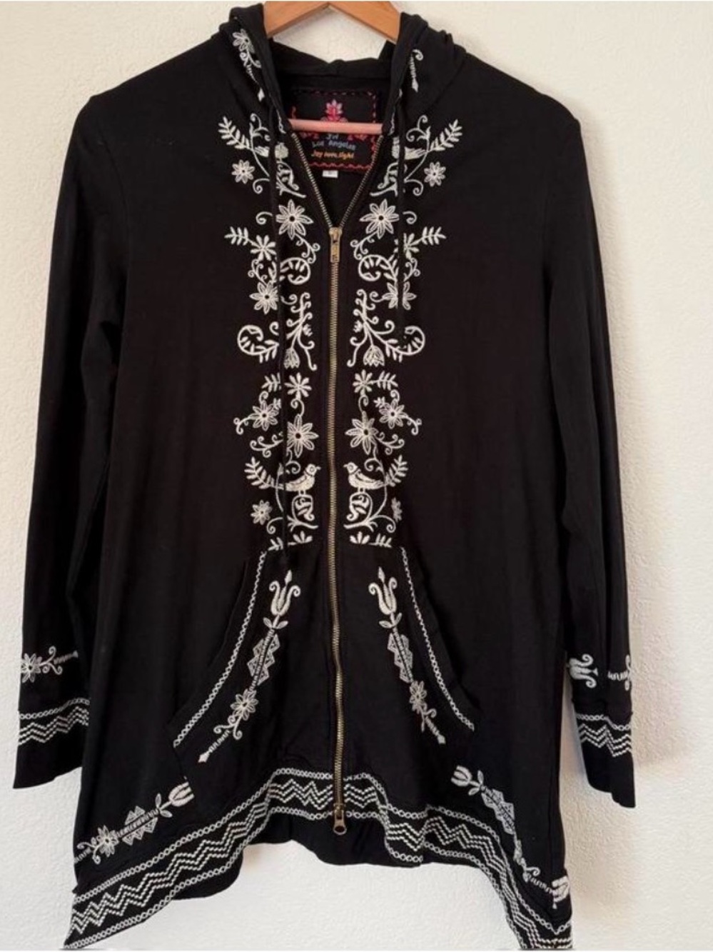 Johnny Was Black Hooded Zip Cardigan with White Floral Embroidery